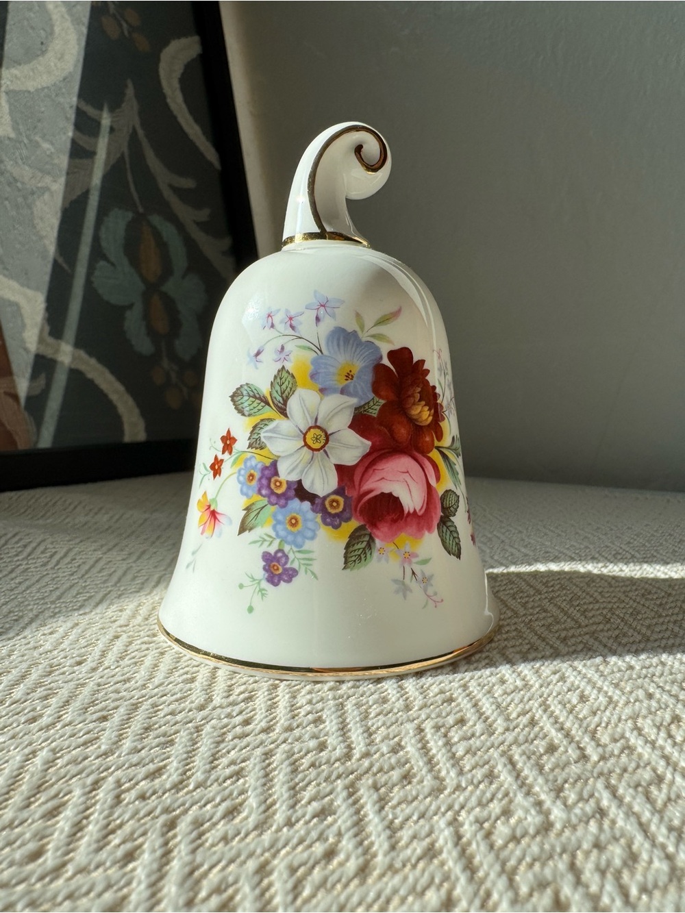 Floral Porcelain Decorative Bell in White with Multicolor Bouquet